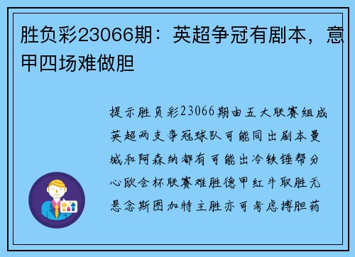 胜负彩23066期：英超争冠有剧本，意甲四场难做胆